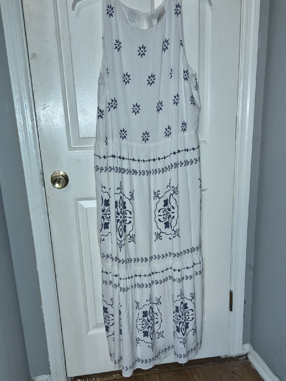 LOFT White Maxi Dress with Navy Motif